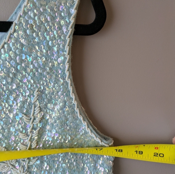 Vintage Regalia Imports Sequin Tank White Floral Beads on Blue Wool L - Picture 7 of 16